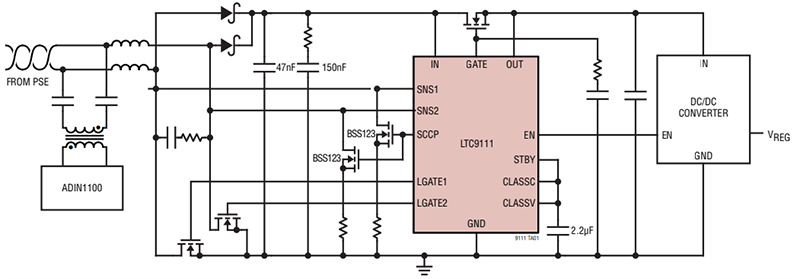 应用电路图 - Analog Devices Inc. LTC9111工业SPoE PD控制器